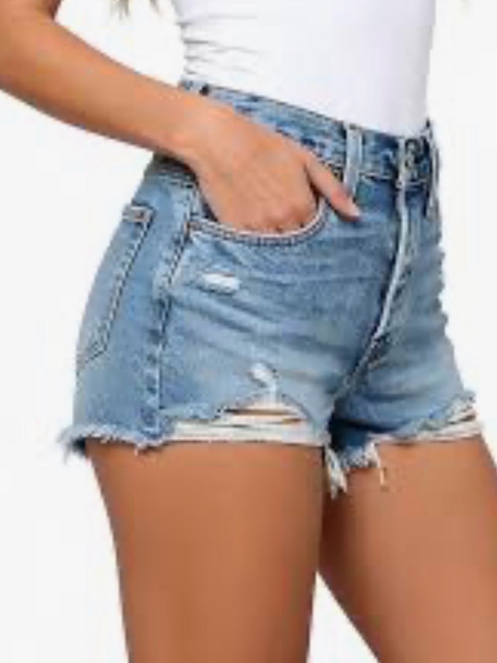 Distressed High-Rise Denim Cutoff Shorts in Medium Blue